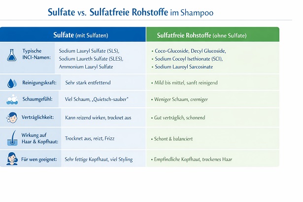 Vergleich von Sulfaten und sulfatfreien Tensiden in Shampoo – Reinigungswirkung, Verträglichkeit und Schaumbildung